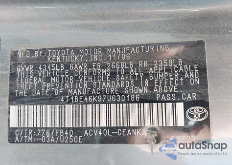 2007 Toyota Camry Le из США, поврежденный, VIN 4T1BE46K97U630186